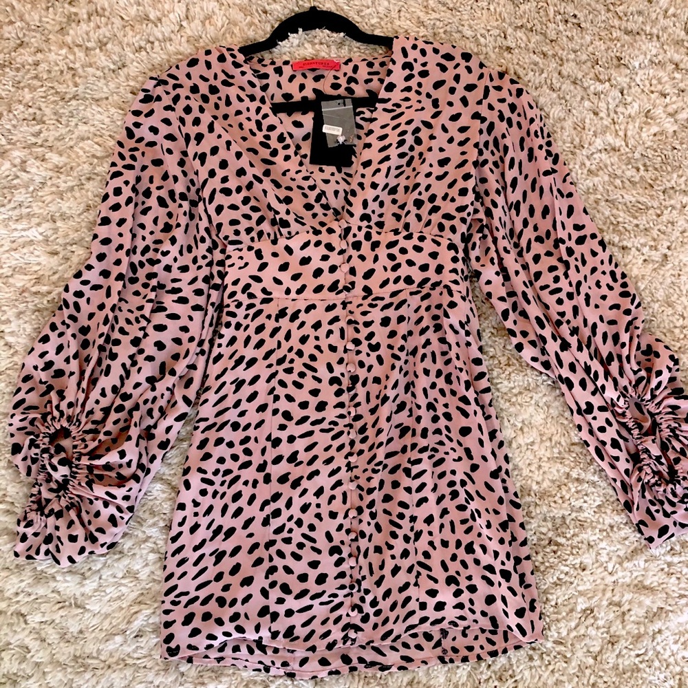Puff Long Sleeve Pink Polka dot Leopard dress